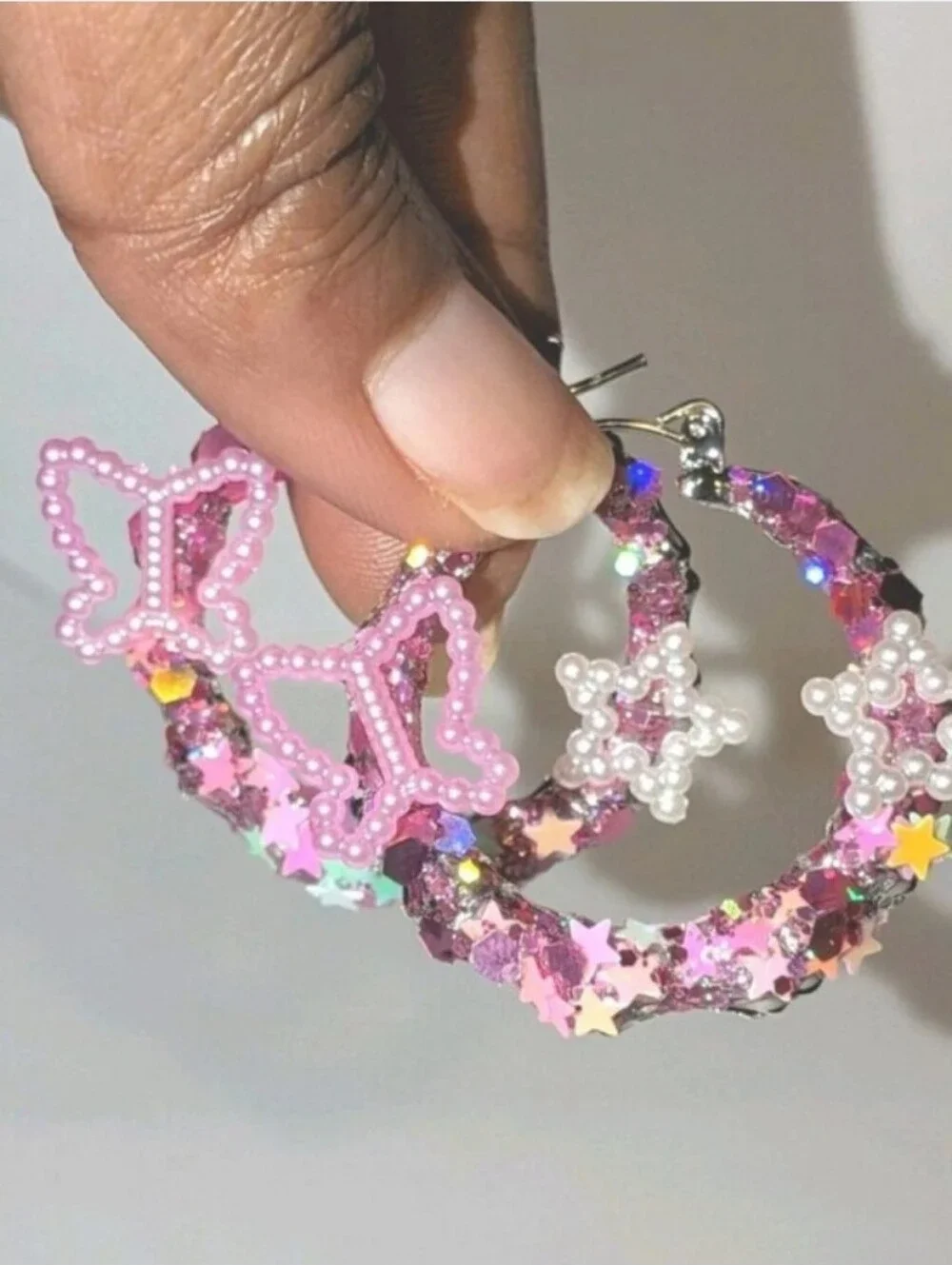 Handmade Pink Butterfly & Star Hoop Earrings - Pink Sparkle For Kids And Adults
